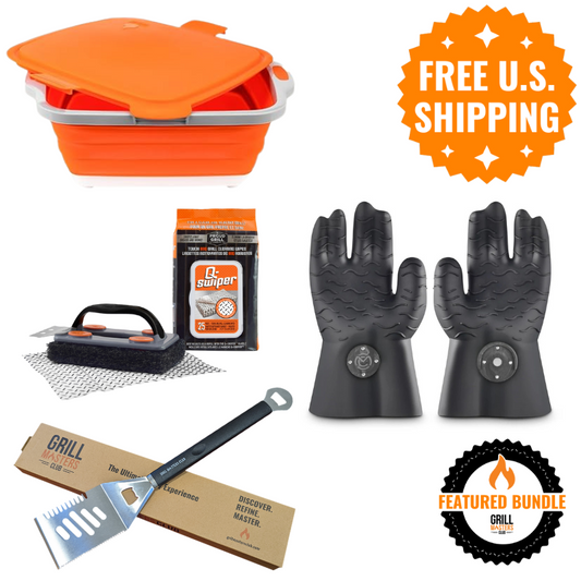 BBQ Champion's Bundle: Prep Tub, Grill Glove, Grill Cleaner, Spatula & Grilling Gloves
