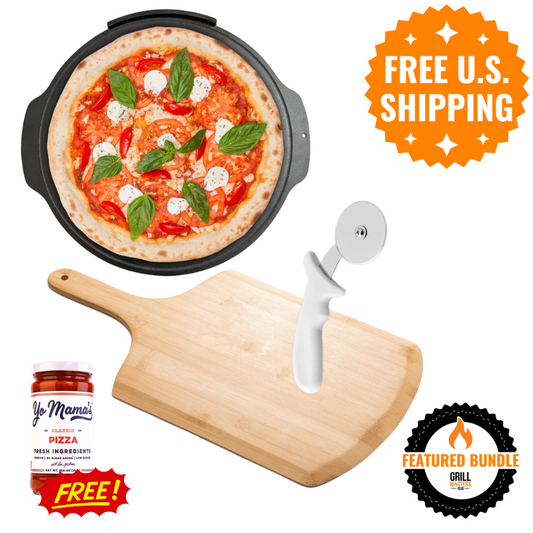 Backyard Pizza Accessory Bundle: Cast Iron Pizza Stone, Pizza Peel, Cutter + Sauce