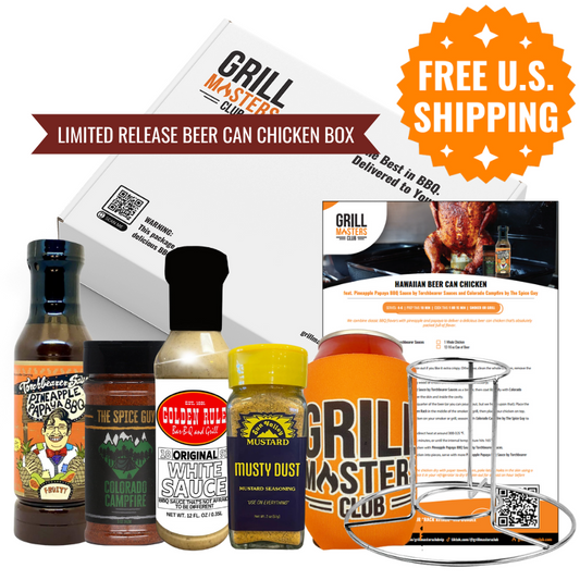 Product image of Hold My Beer Can Chicken BBQ Box with sauces, rubs, chicken stand and koozie