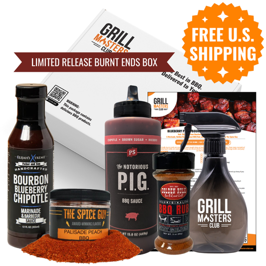 Boss of Burnt Ends BBQ Box contents: sauces, rubs, spray bottle and recipe card