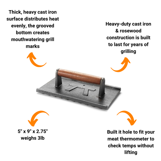 Heavy Duty Cast Iron Grill Press with Rosewood Handle by Outset (5" x 9")