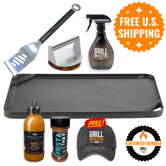 "Fiddle With The Griddle" Bundle: Reversible Cast Iron Griddle, Spatula, Burger Press, Spray Bottle & More