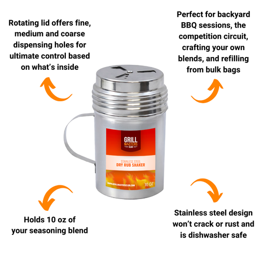 10 oz Stainless Steel Dry Rub Shaker w/ Rotating Lid & Handle by Grill Masters Club