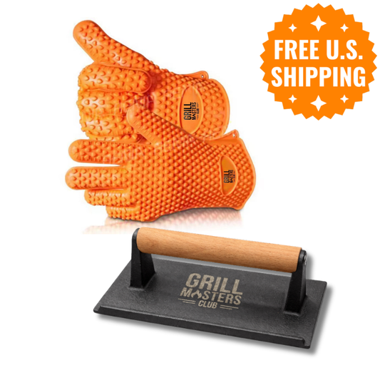Sear & Safety Bundle: Silicone BBQ Gloves + Heavy Cast Iron Bacon & Griddle Press