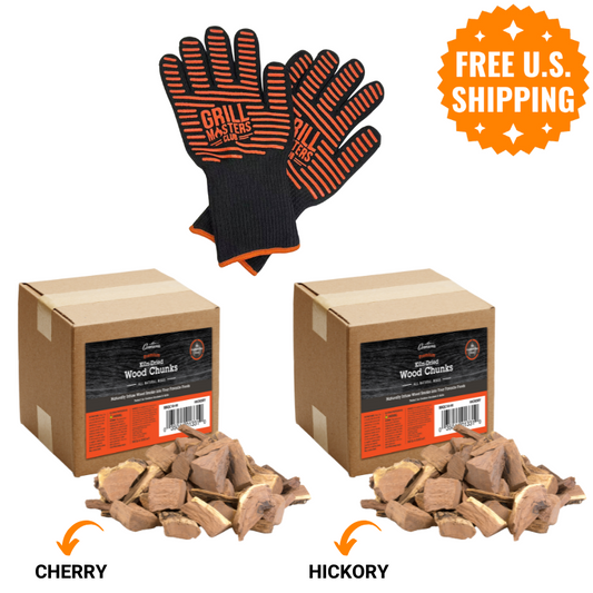 Smoke & Flame Bundle: Cherry + Hickory Wood Chunks (20 lbs) + High-Temp BBQ Gloves