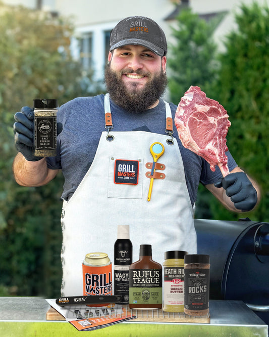 Upper Crust Steak Kit dry brine and reverse sear gift set at an outdoor grill with GMC pitmaster