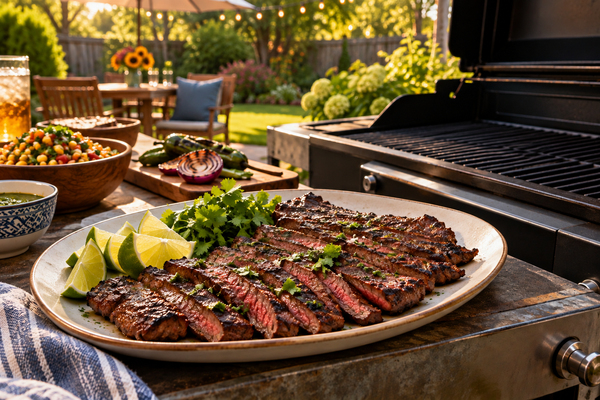 Grilled Skirt Steak Sliced Against the Grain with Limes and Cilantro
