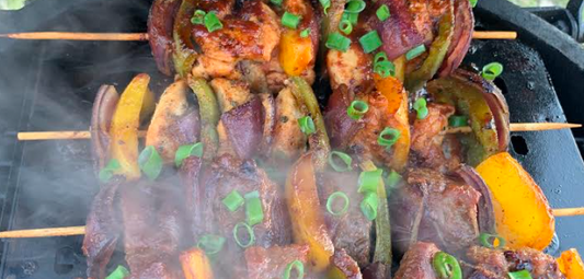 Grilled chicken kabobs, grilled steak kabobs