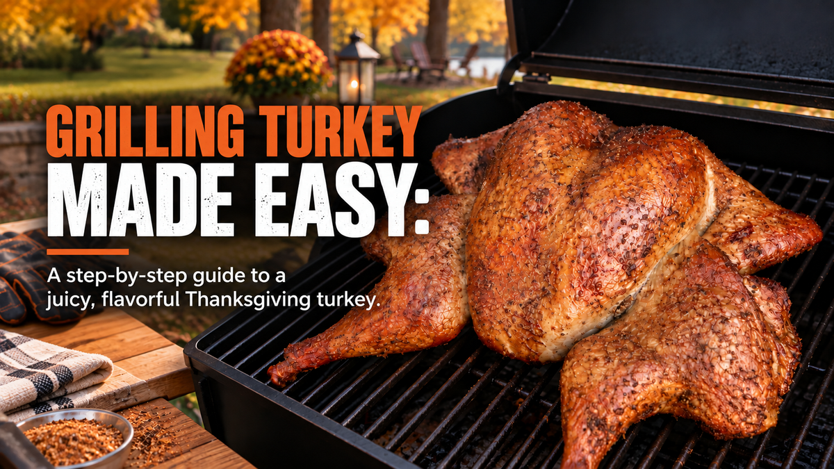 Whole grilled Thanksgiving turkey on the grill grates of a smoker outside