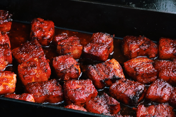 Smoked Pork Belly Bites with Garlic Mustard & Hickory-Molasses Glaze