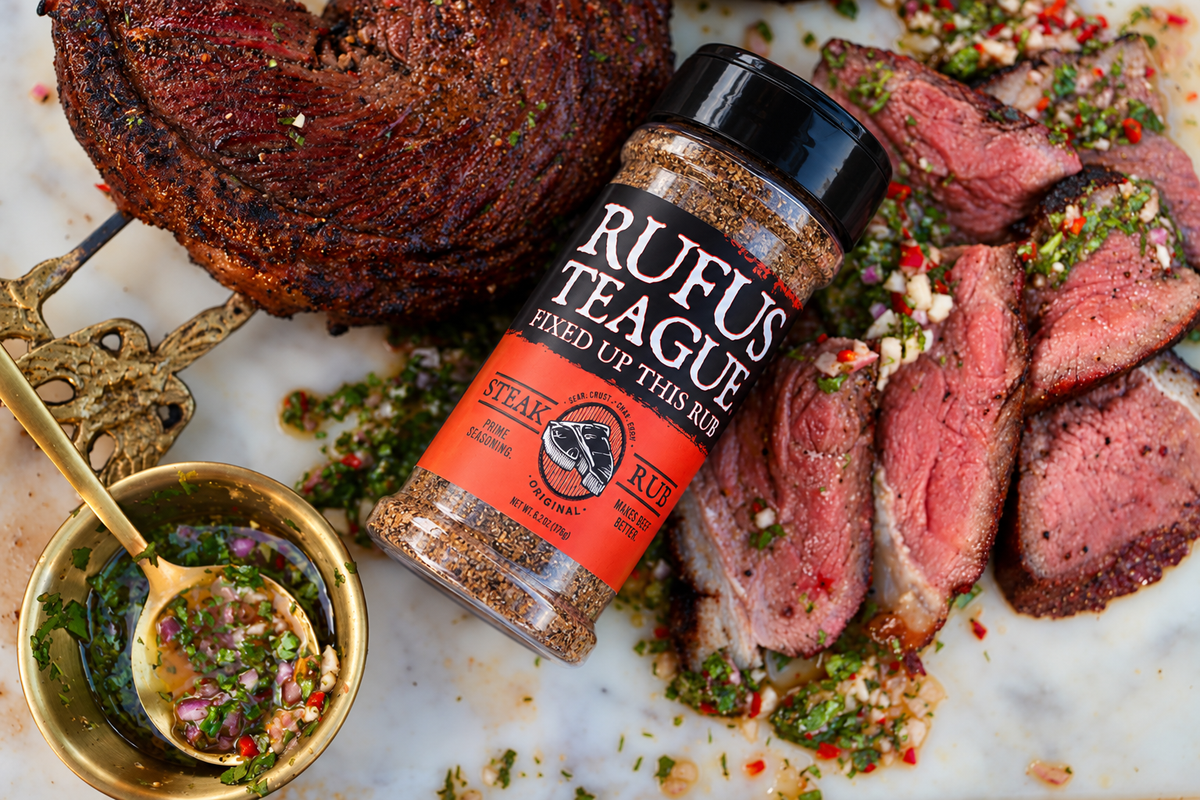 Reverse seared picanha sliced and served with smoked chimichurri and Rufus Teague Steak Rub
