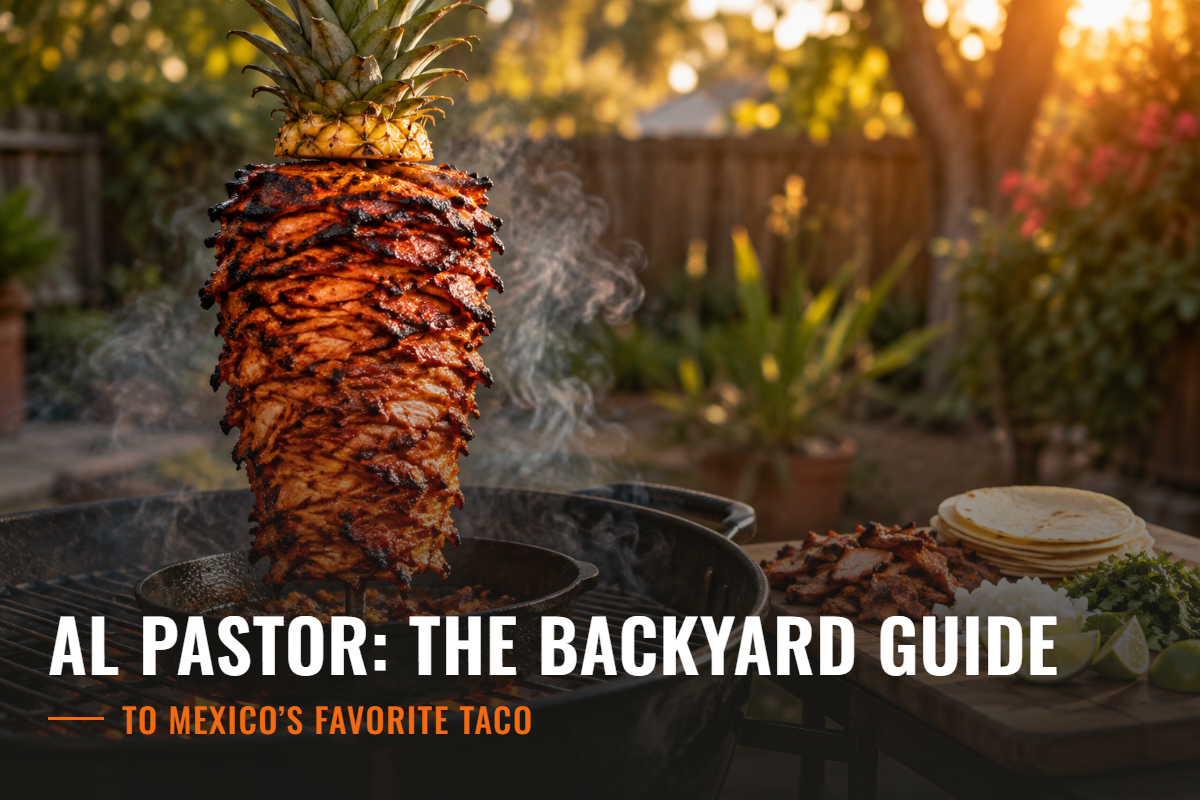 A tall stack of thin red chile-and-achiote-marinated pork slices on a vertical metal skewer, standing in a cast iron skillet on the grate of a black charcoal kettle grill