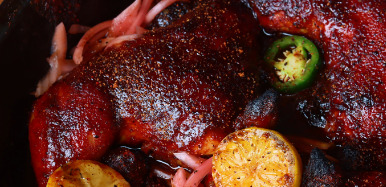 Grilled BBQ Chicken Quarters with Pickled Onions & Jalapenos