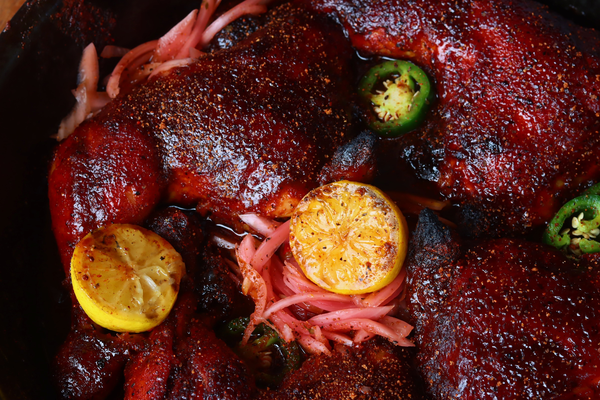 Grilled BBQ Chicken Quarters with Pickled Onions & Jalapenos