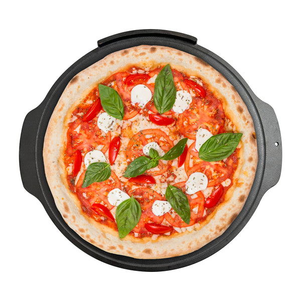 Margherita pizza on the Outset 18 inch cast iron pizza stone