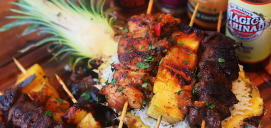 Pineapple Chipotle Steak and Chicken Skewers