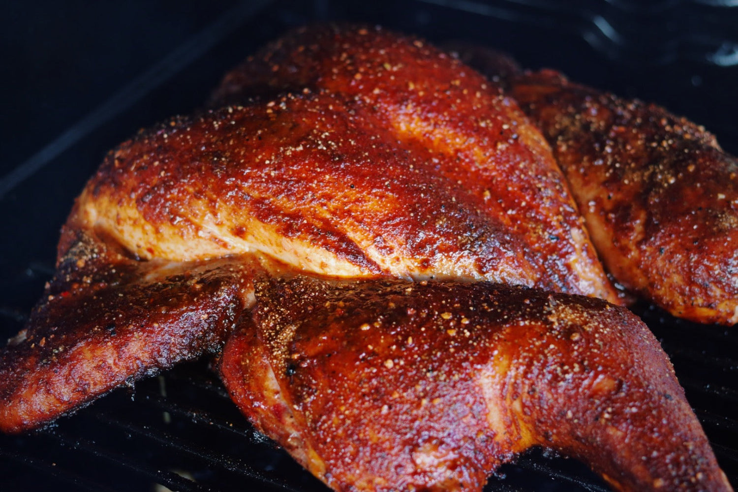 Close-up of deep bronzed crispy skin on a smoked turkey