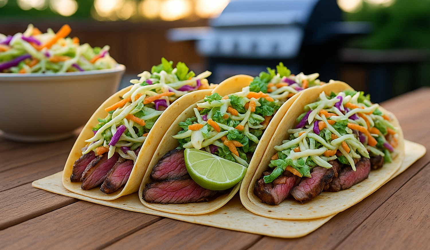 Jerked Skirt Steak Tacos with Chile Lime Slaw