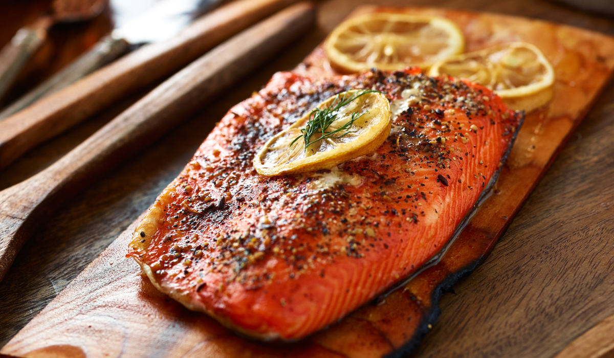 Garlic Peppercorn Cedar-Plank Salmon with Mustard Cream Sauce (Grilled or Smoked)