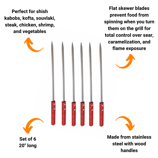 13.75" Flat Stainless Steel Kebab BBQ Skewers w/ Wooden Handles (Set of 6)