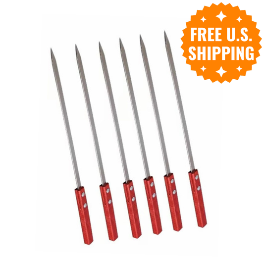 13.75" Flat Stainless Steel Kebab BBQ Skewers w/ Wooden Handles (Set of 6)