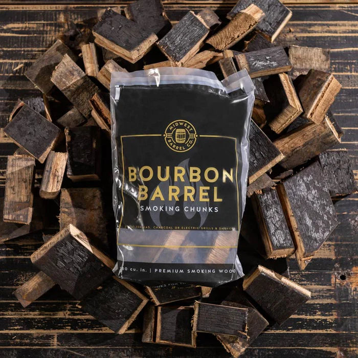 Bag of Kentucky Bourbon Barrel Smoking Chunks Surrounded by Chunks on a Table