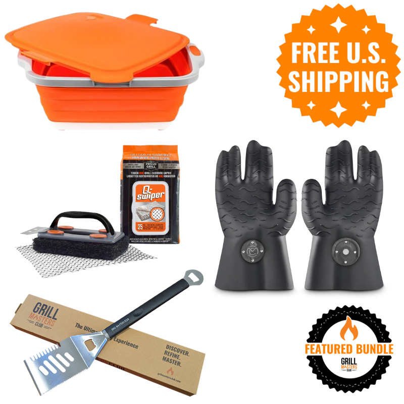 BBQ Champion's Bundle: Prep Tub, Grill Glove, Grill Cleaner, Spatula & Grilling Gloves