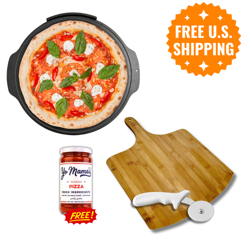 Backyard Pizza Accessory Bundle: Cast Iron Pizza Stone, Pizza Peel, Cutter + Sauce