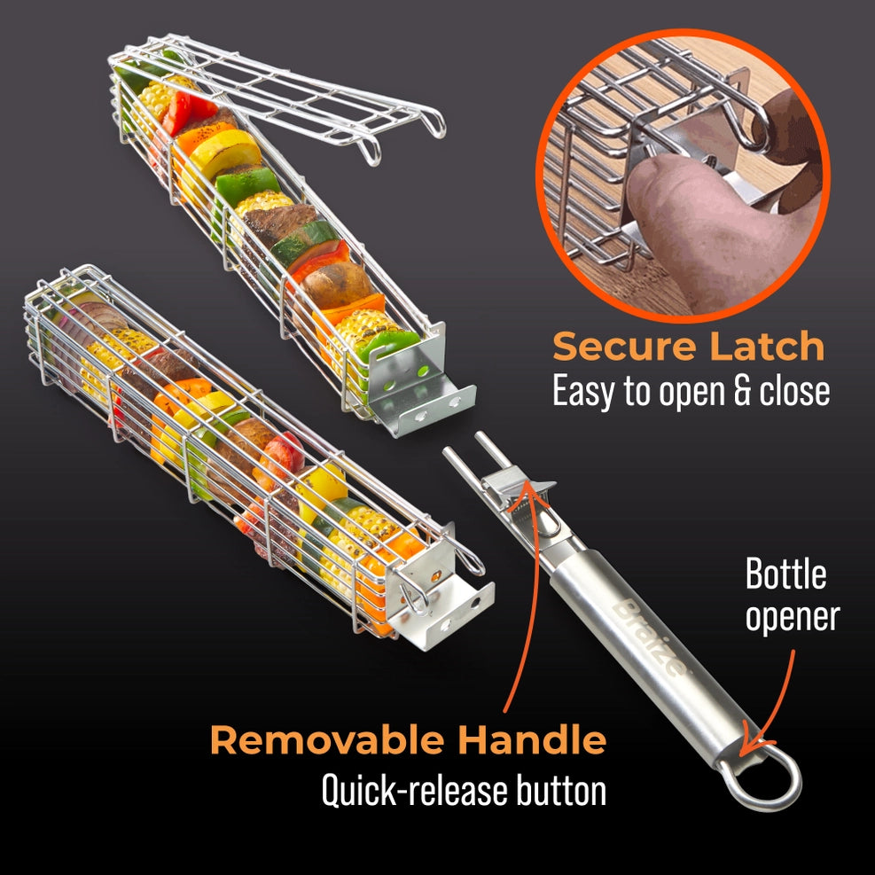 Stainless Steel Kabob Grilling Baskets with Removable Handle by Braize (2-Piece Set)
