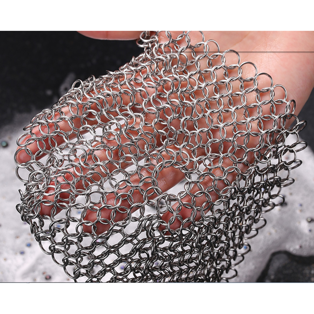 Chain Mail Cast Iron Scrubber (8" x 8") - Stainless Steel Grill & Skillet Cleaner