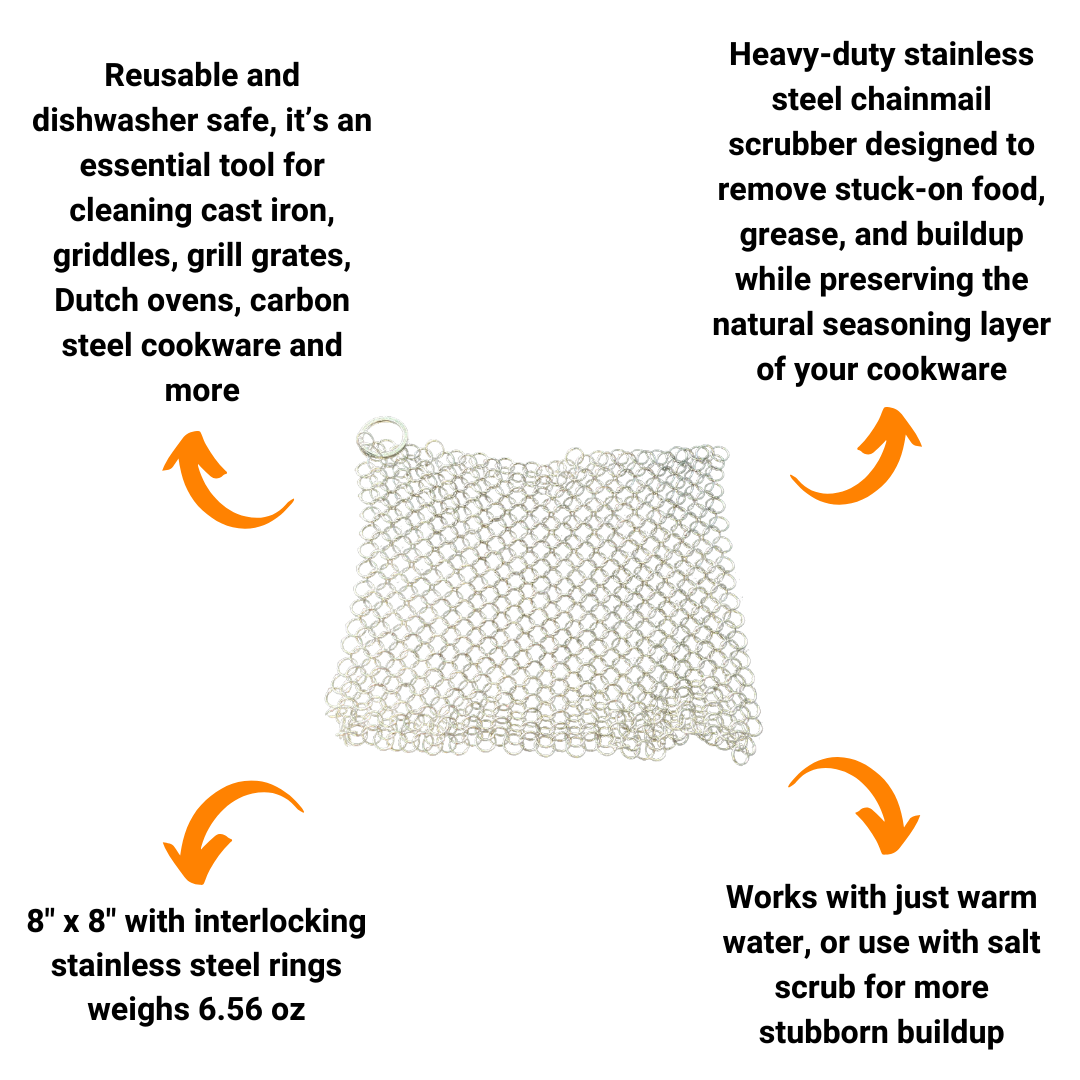 Chain Mail Cast Iron Scrubber (8" x 8") - Stainless Steel Grill & Skillet Cleaner