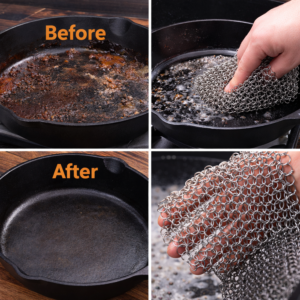 Chain Mail Cast Iron Scrubber (8" x 8") - Stainless Steel Grill & Skillet Cleaner