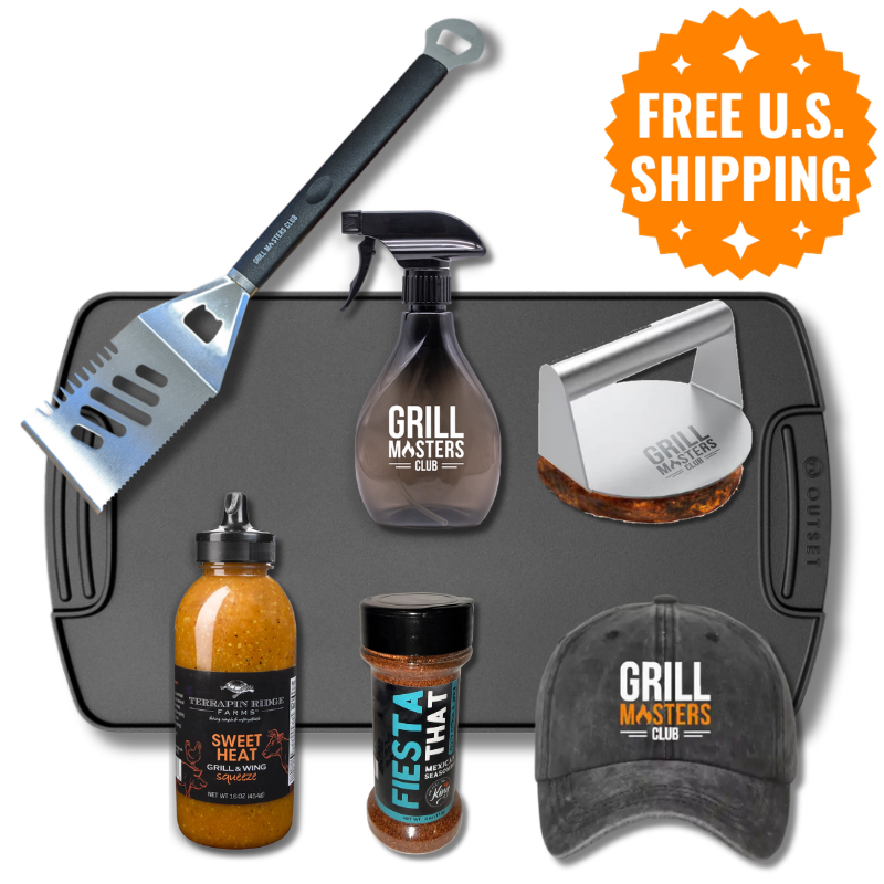 "Fiddle With The Griddle" Bundle: Reversible Cast Iron Griddle, Spatula, Burger Press, Spray Bottle & More