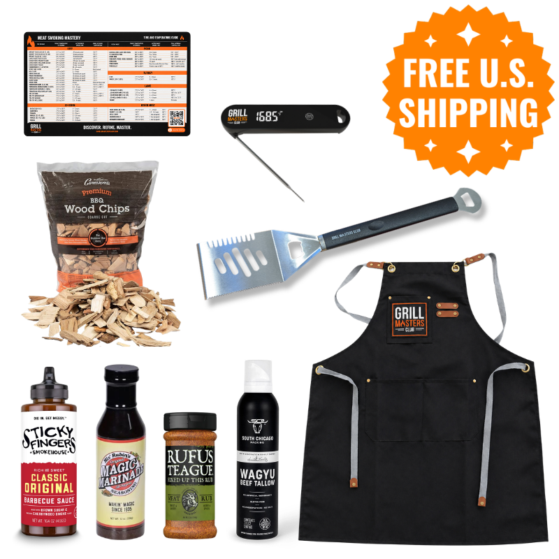 First Fire BBQ Box grilling starter kit with apron, instant read thermometer, temperature magnet, 4-in-1 spatula, wagyu tallow spray, marinade, rub, BBQ sauce and cherry wood chips