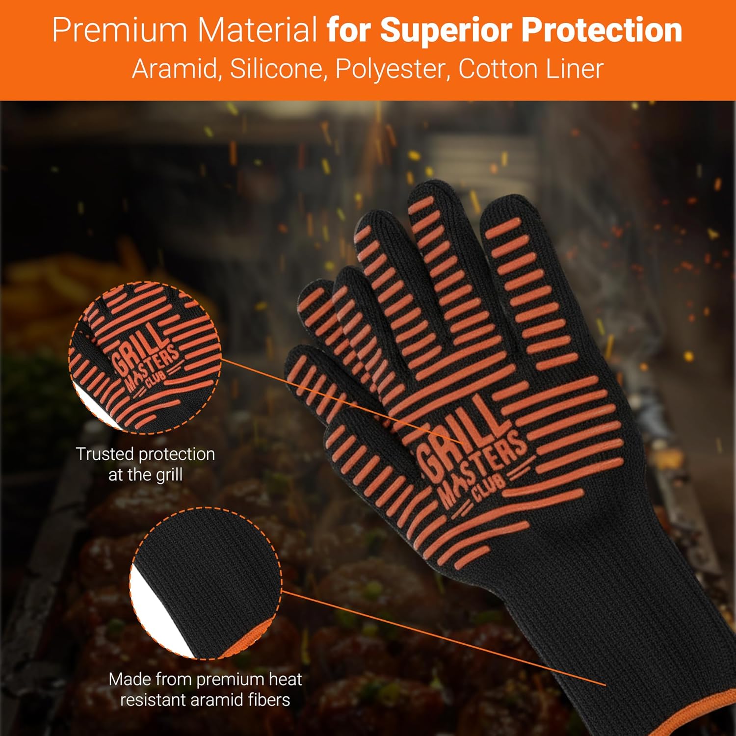Grill Masters Club High Temperature Grilling & BBQ Gloves (Safe Up to 850°F)