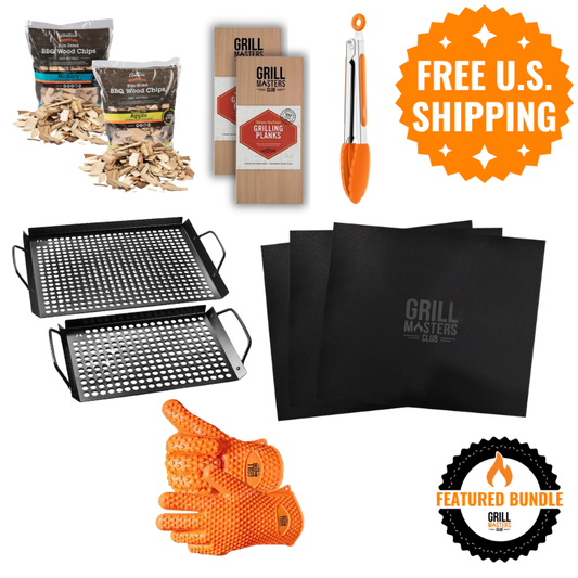 Get Fired Up Grilling Bundle: Grilling Grids, Grill Mats, Tongs, Wood Chips, Cedar Planks & Gloves