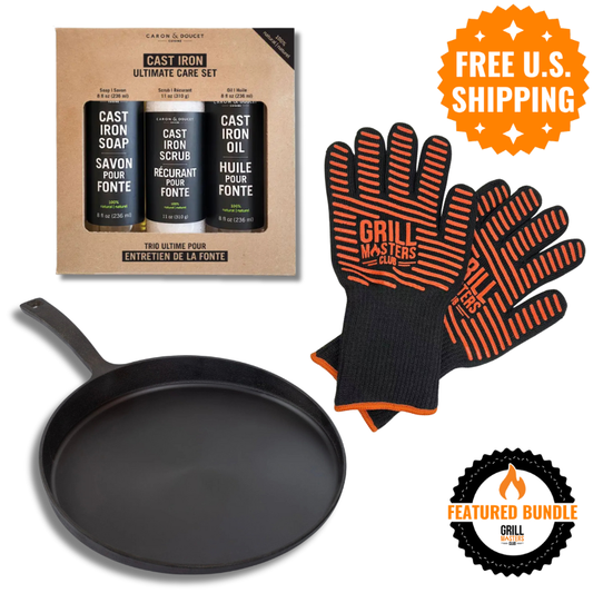 Cast Iron Mastery Bundle: 12" Skillet, Care Set & Grilling Gloves