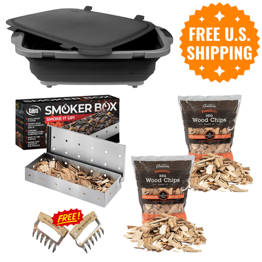 Griller's Paradise Bundle: Prep Tub + Cast Iron Smoker Box + 2 Bags Wood Chips