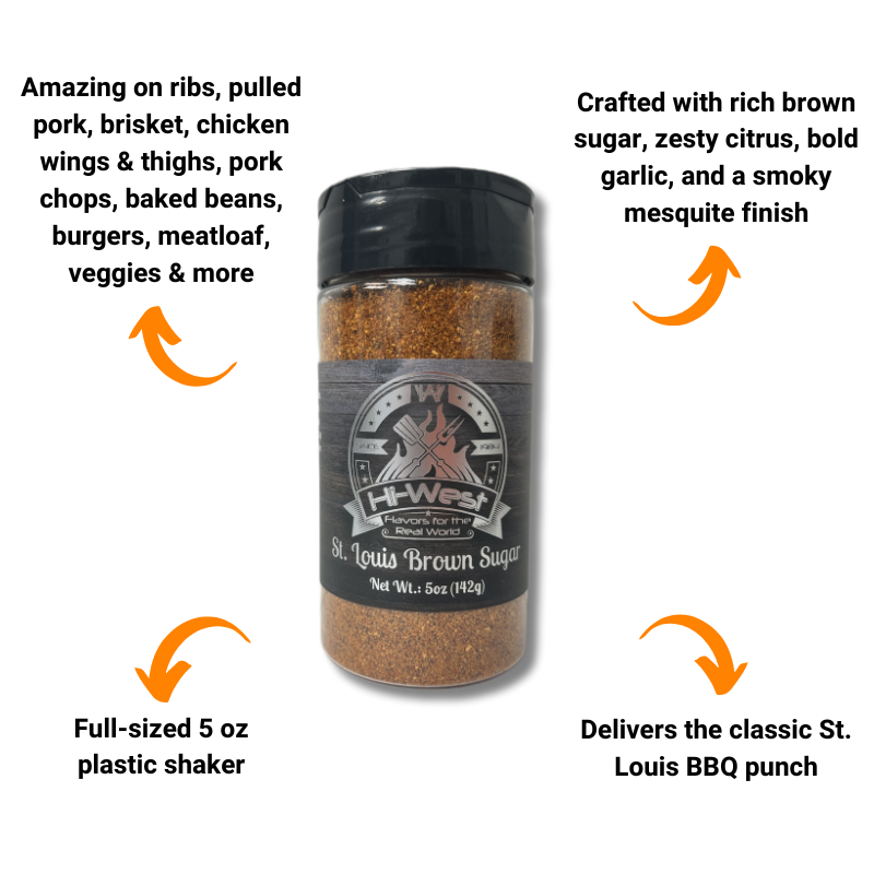 Hi-West St. Louis Brown Sugar Rub 5 oz shaker infographic