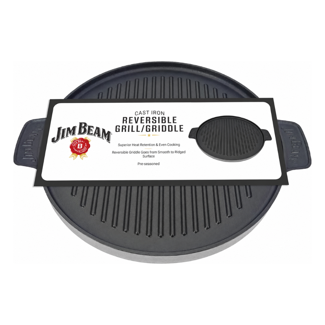 Jim Beam 12" Round Cast Iron Reversible Grill & Griddle Pan: Pre-Seasoned with Dual Handles