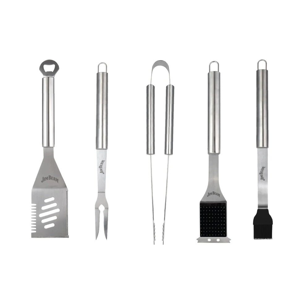 Jim Beam 5-Piece BBQ Grill Tool Set: Heavy Duty Stainless Steel Gift Set with 4-in-1 Spatula