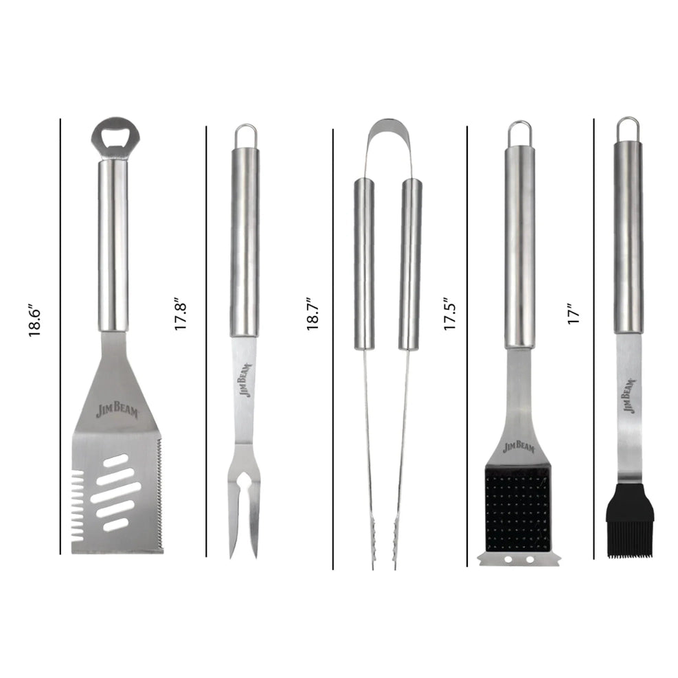 Jim Beam 5-Piece BBQ Grill Tool Set: Heavy Duty Stainless Steel Gift Set with 4-in-1 Spatula