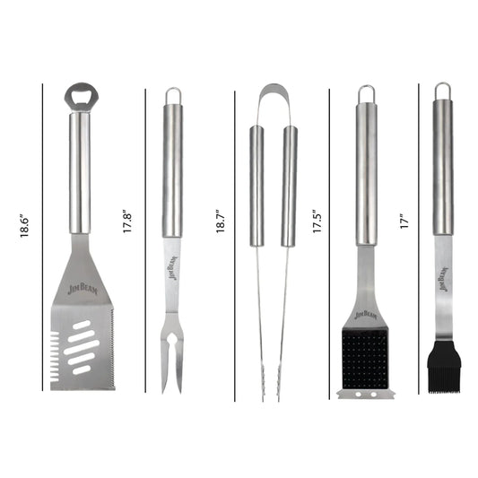 Jim Beam 5-Piece BBQ Grill Tool Set: Heavy Duty Stainless Steel Gift Set with 4-in-1 Spatula
