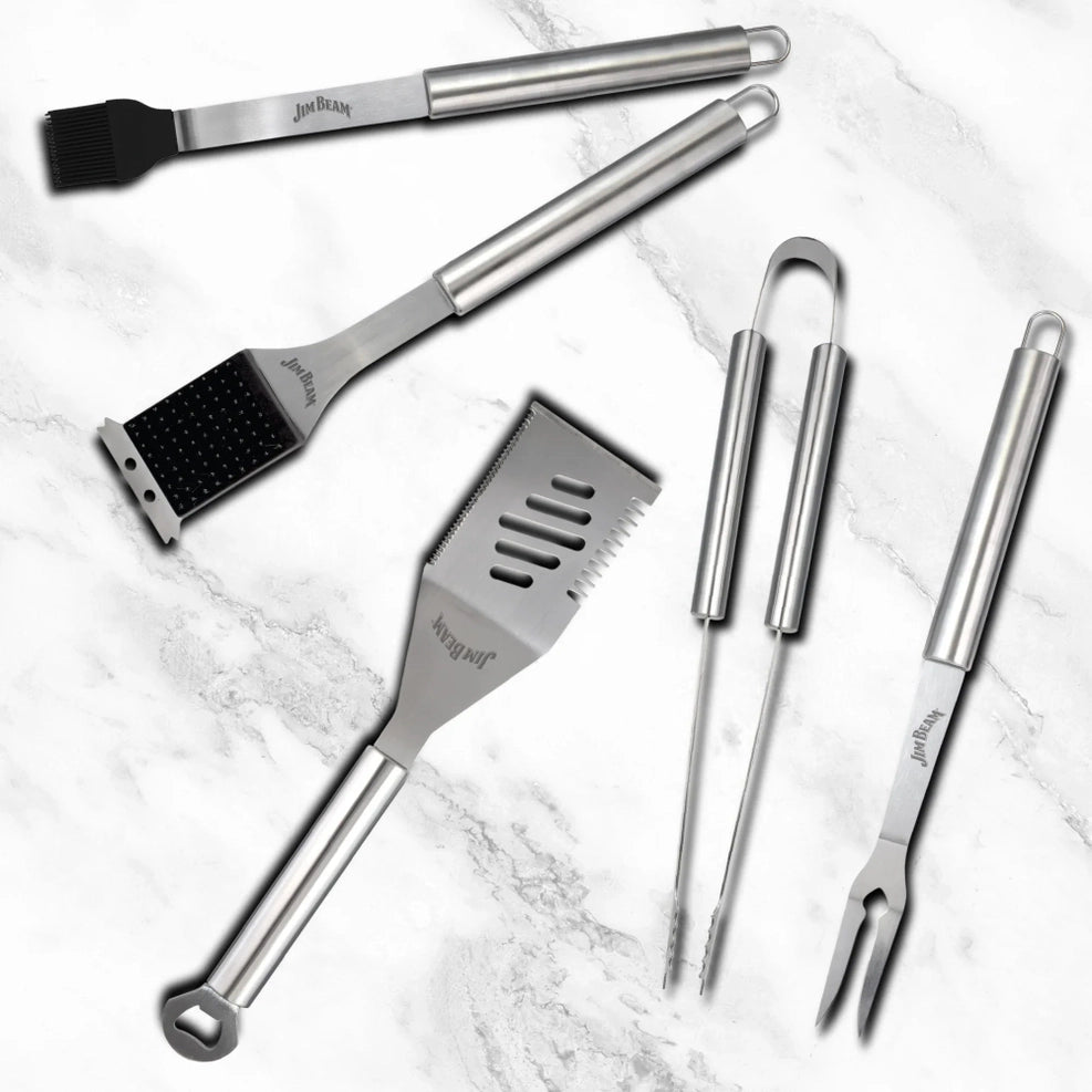 Jim Beam 5-Piece BBQ Grill Tool Set: Heavy Duty Stainless Steel Gift Set with 4-in-1 Spatula