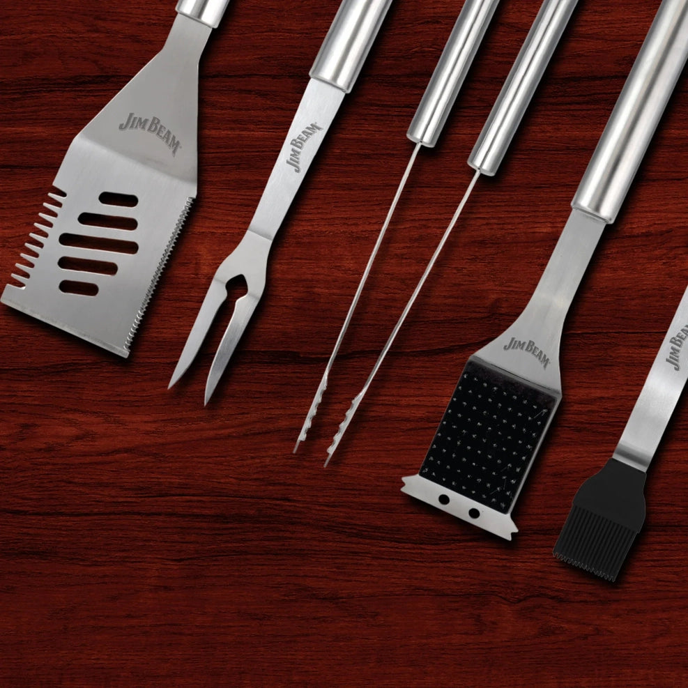Jim Beam 5-Piece BBQ Grill Tool Set: Heavy Duty Stainless Steel Gift Set with 4-in-1 Spatula