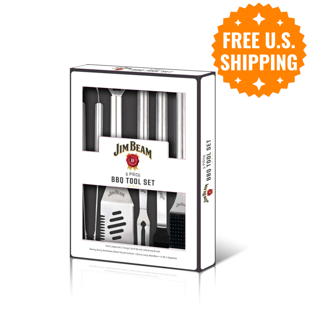 Jim Beam 5-Piece BBQ Grill Tool Set: Heavy Duty Stainless Steel Gift Set with 4-in-1 Spatula