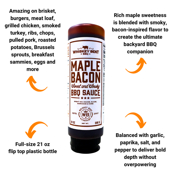 Bacon Boss Bundle with Whiskey Bent Maple Bacon BBQ Sauce, Hi-West Hickory Bacon Seasoning, Croix Valley Sweet Peach BBQ Sauce, Thunderstruck Garlic Pepper Rub, cast iron bacon press and bamboo skewers