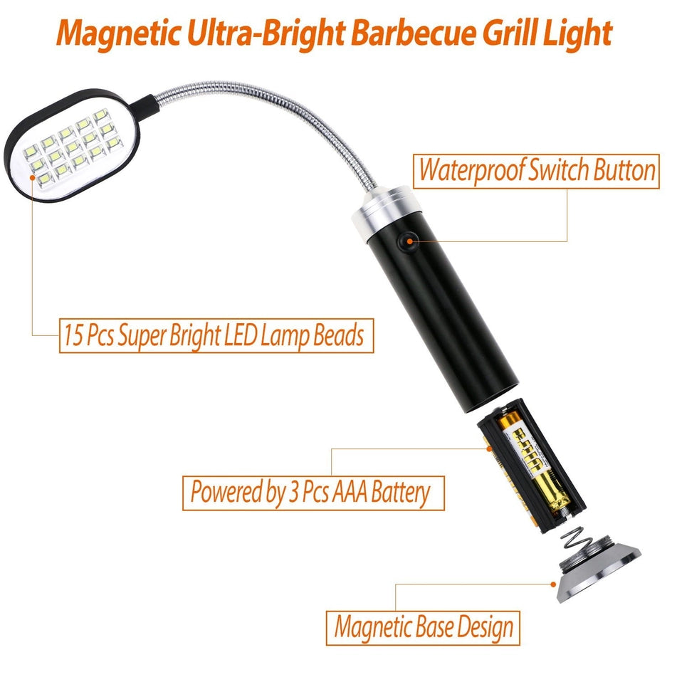 Magnetic LED Grill Light: 15-LED BBQ Light with 360° Flexible Gooseneck by Outset (11.2")