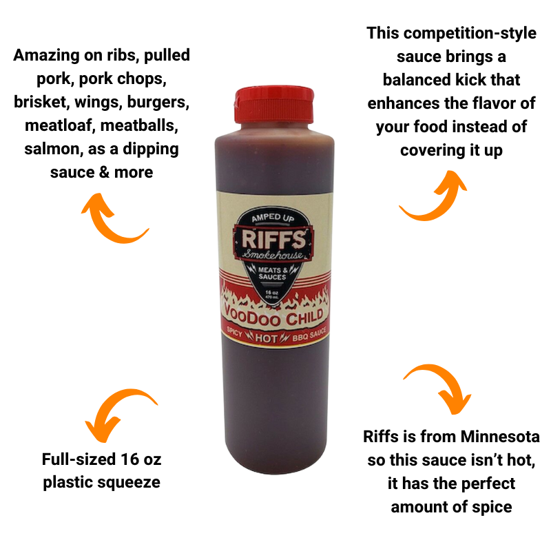 Riffs Smokehouse Voodoo Child BBQ Sauce 16 oz bottle infographic