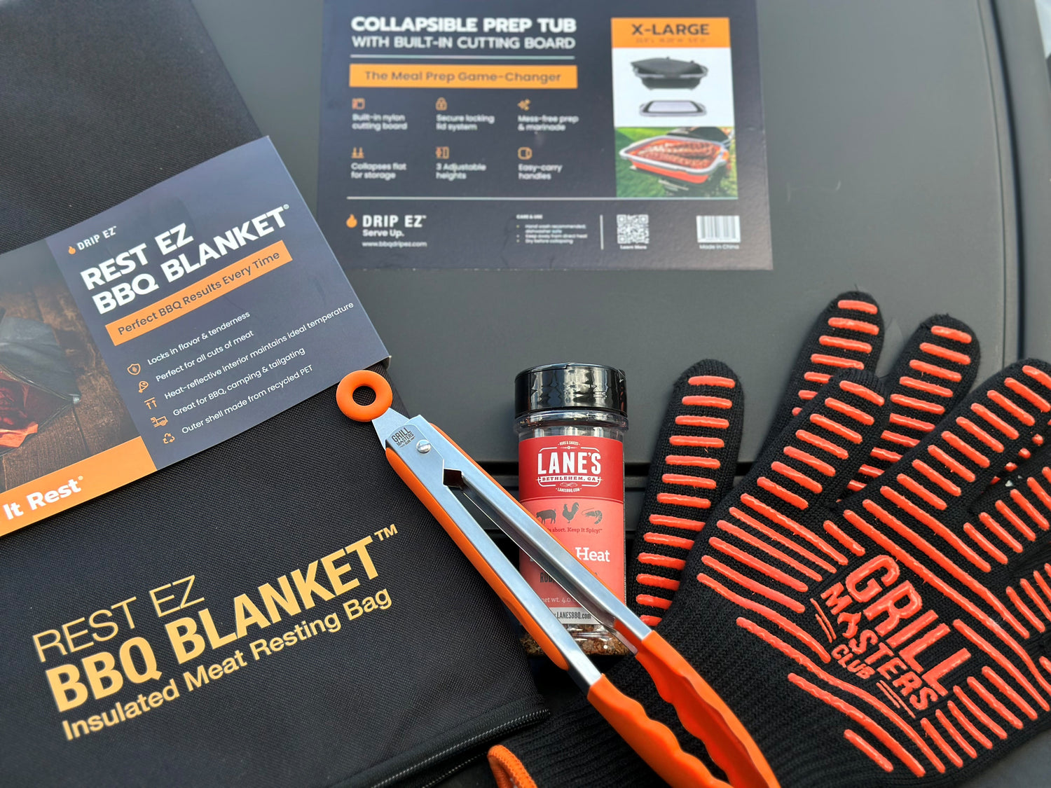 Smoker Essentials Bundle: Drip EZ Prep Tub + Resting Blanket + Grilling Gloves + Tongs + Free Rub